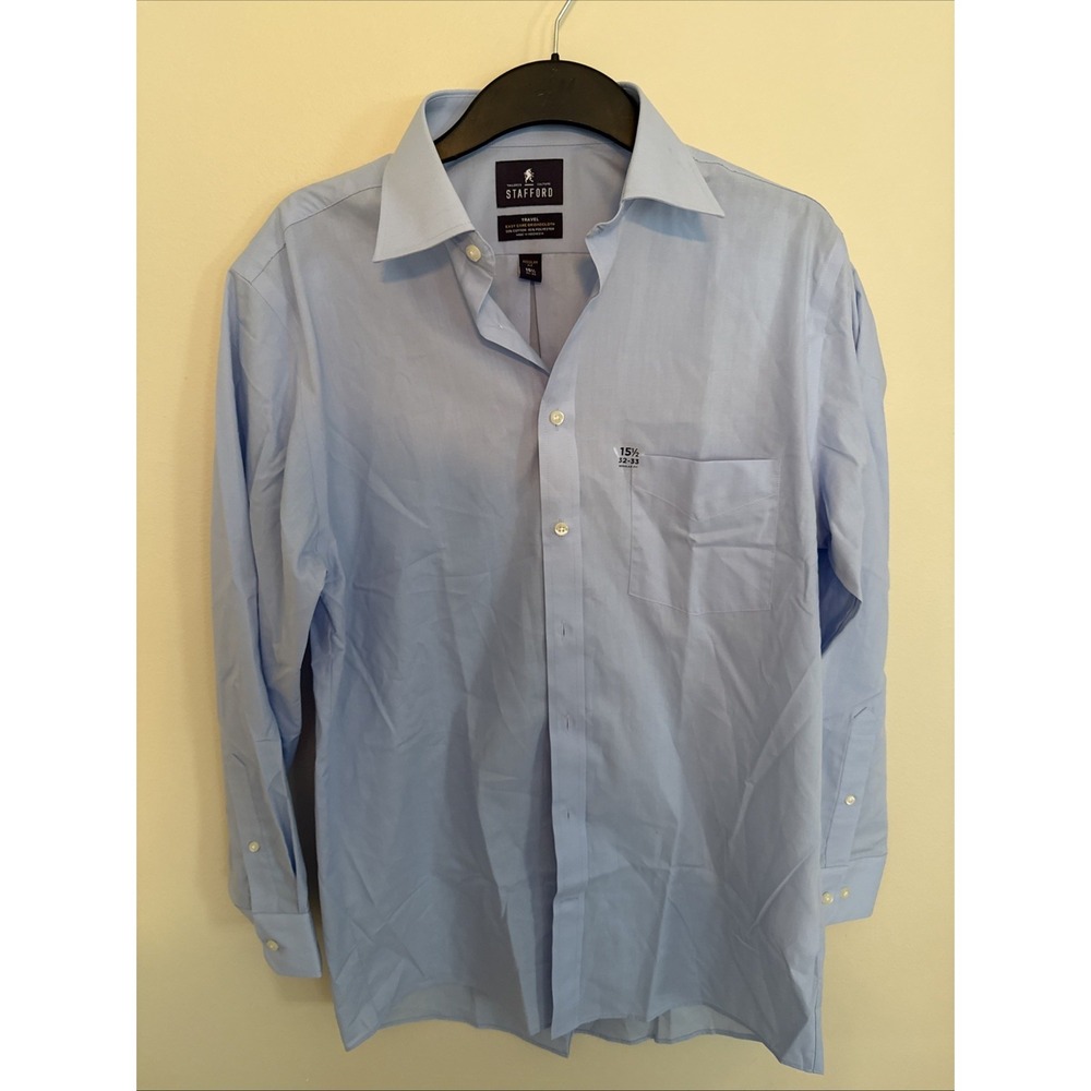 Stafford Dress‎ Shirt Mens 15.5-32/33 Blue Cotton Wrinkle Free Business Formal